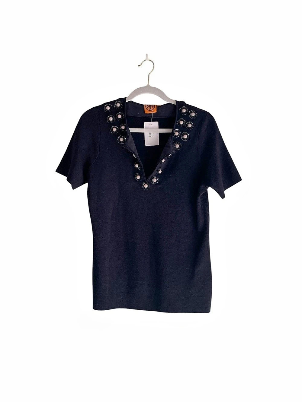 Tory Burch Merino Wool Embellished Neckline Black Size Medium